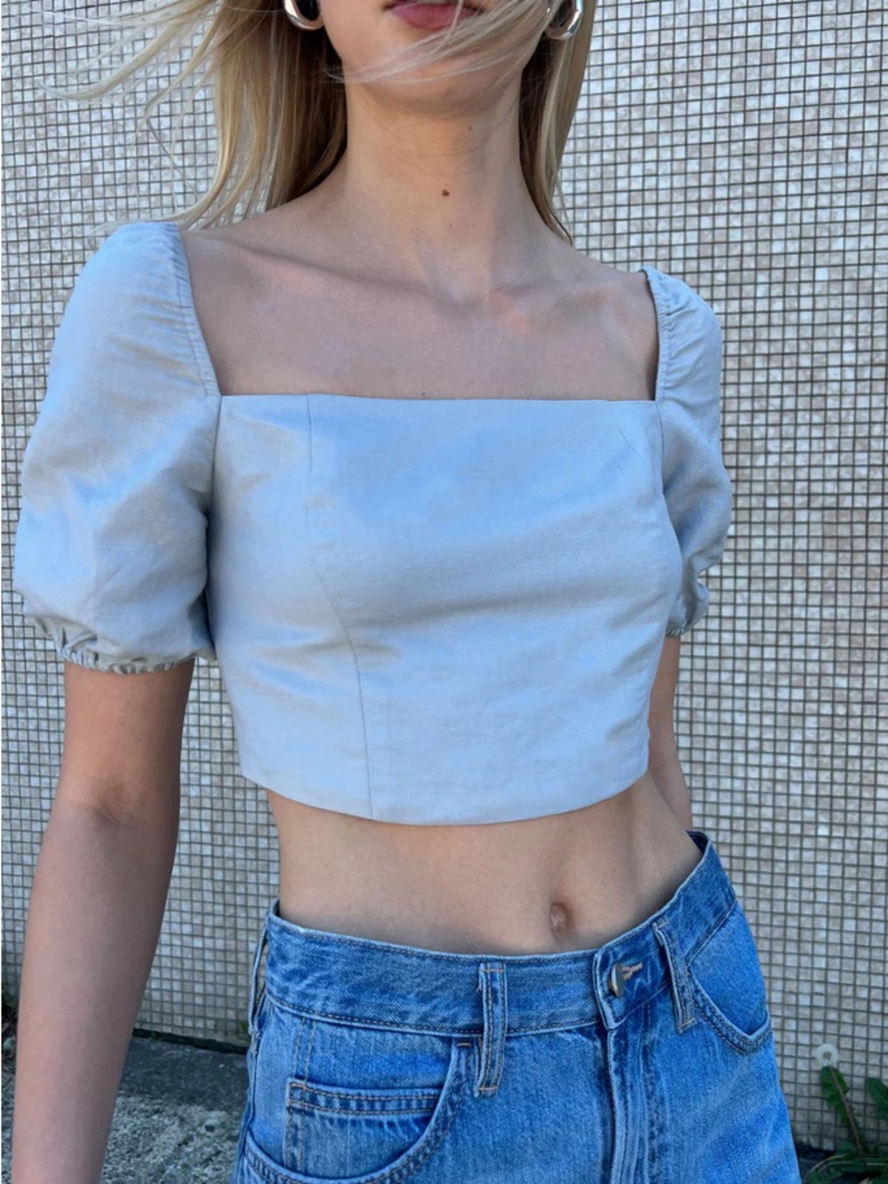 Oak + Fort Pearl Blue Puff Sleeve Crop Top - new with tag